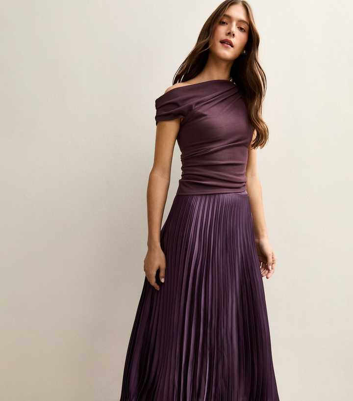Dark Burgundy Satin Pleated Midi Skirt