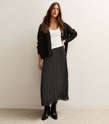 Black Polka Dot Chiffon Pleated Midi Skirt