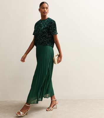 Dark Green Chiffon Pleated Midi Skirt