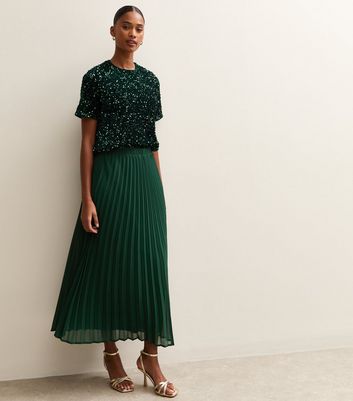 Dark Green Chiffon Pleated Midi Skirt