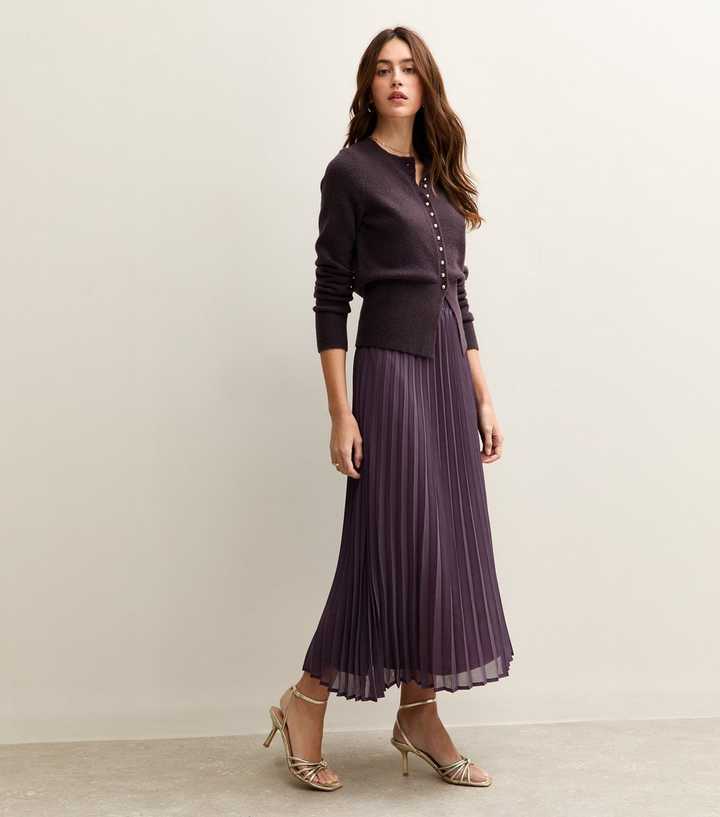 Dark Purple Chiffon Pleated Midi Skirt