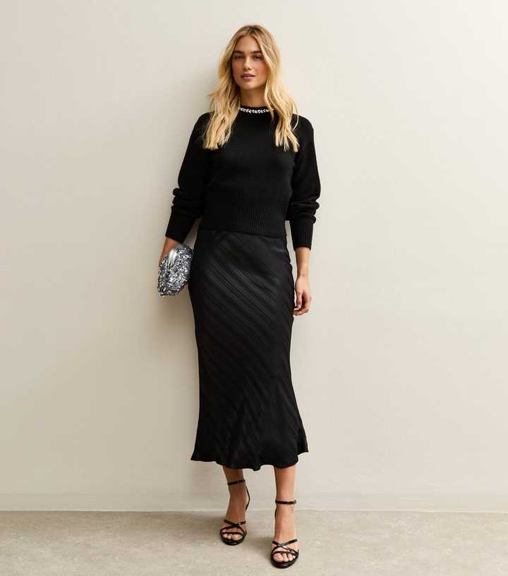 Black Striped Satin Bias Cut Midi Skirt