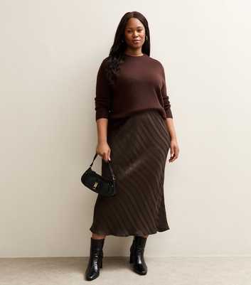 Curves Dark Brown Striped Satin Bias Cut Midi Skirt