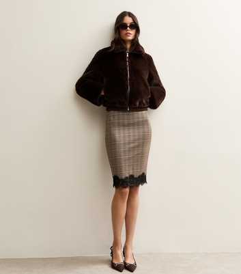 Brown Check Lace Hem Midi Skirt