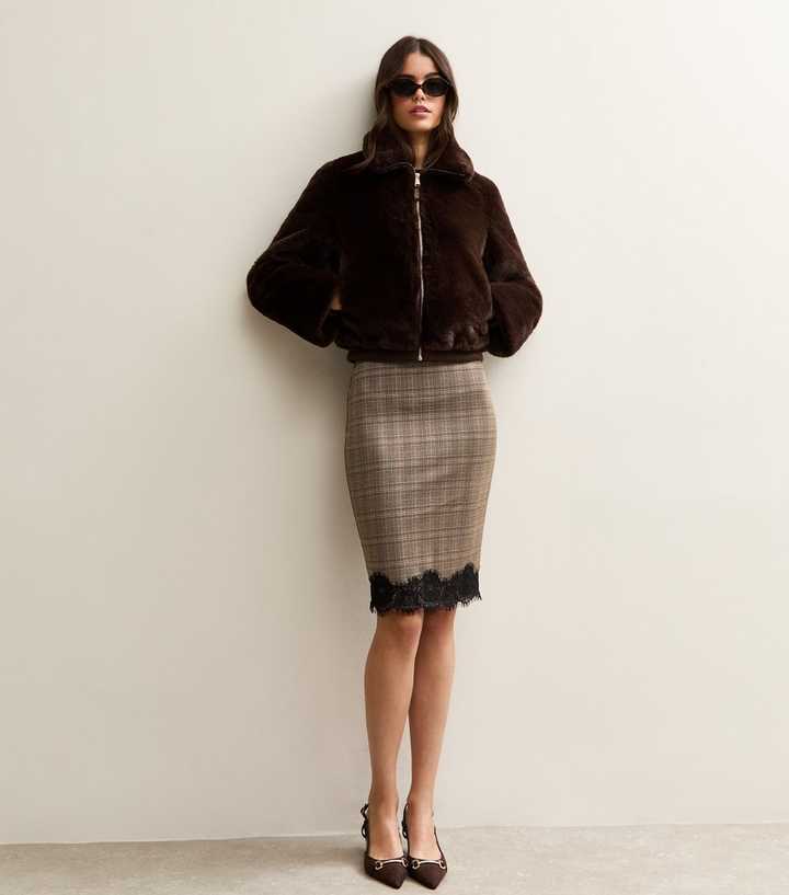 Brown Check Lace Hem Midi Skirt