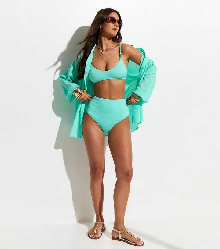 Turquoise Textured High Waist Bikini Briefs