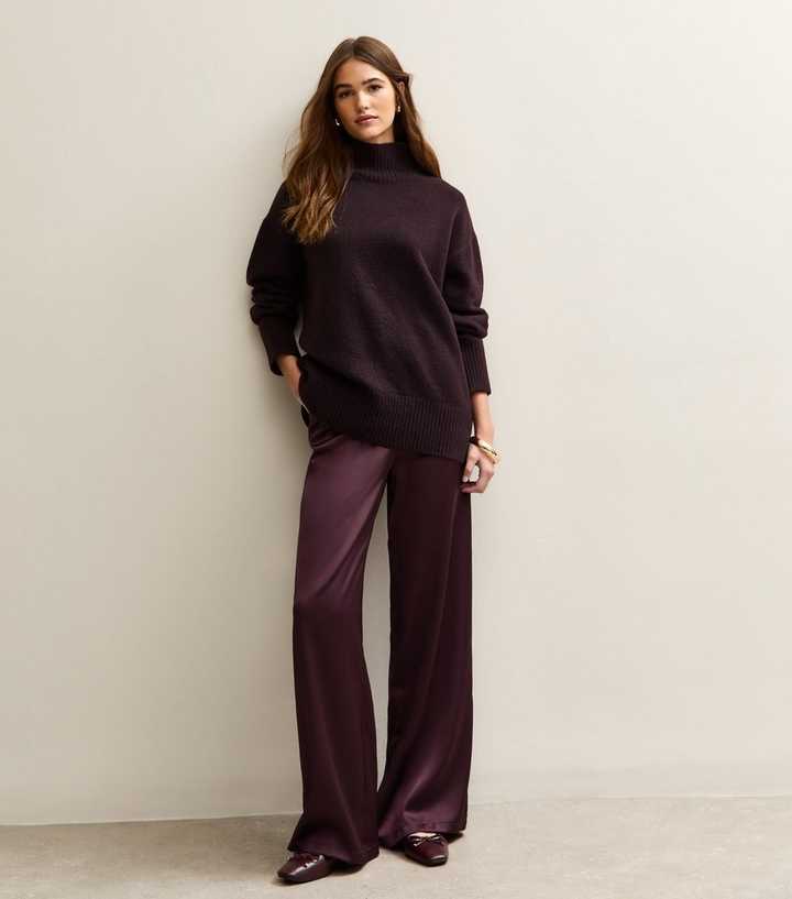 Dark Burgundy Satin Wide Leg Trousers