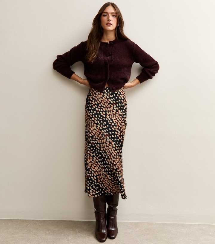 Black Spot Print Satin Bias Cut Midi Skirt