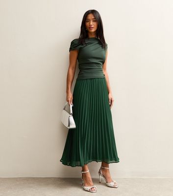Petite Dark Green Chiffon Pleated Midi Skirt