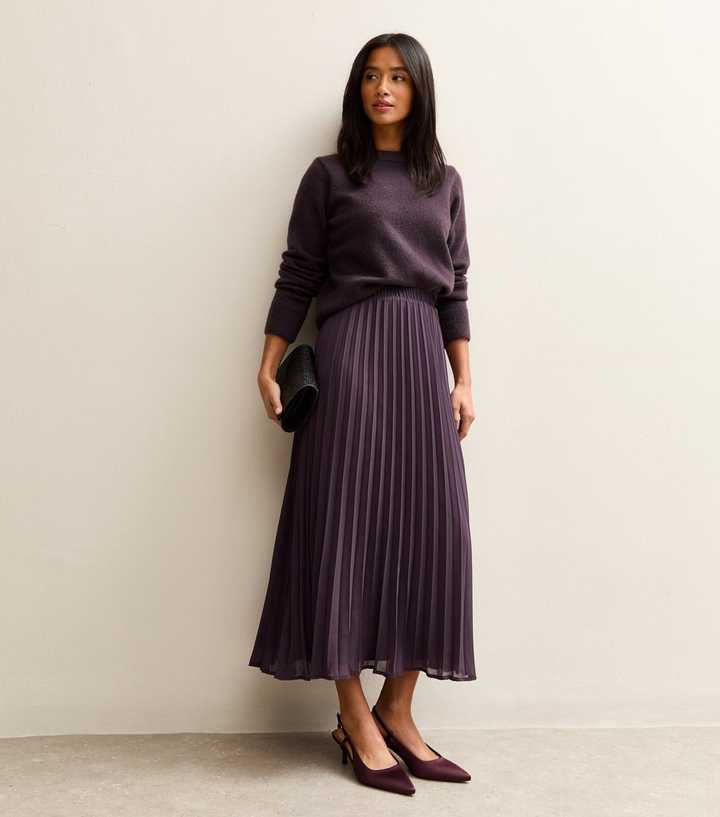 Petite Dark Burgundy Chiffon Pleated Midi Skirt