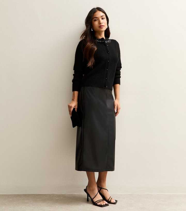 Petite Black Faux Leather Pencil Skirt