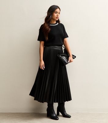 Petite Black Faux Leather Pleated Midi Skirt
