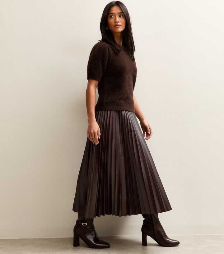 Petite Dark Brown Faux Leather Pleated Midi Skirt