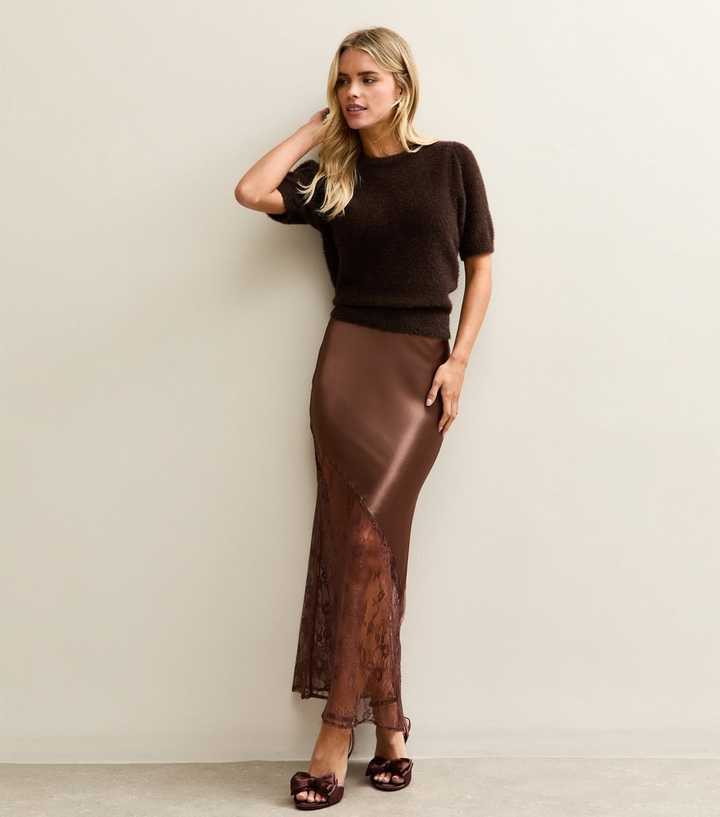 Petite Dark Brown Satin Lace Asymmetric Bias Midi Skirt