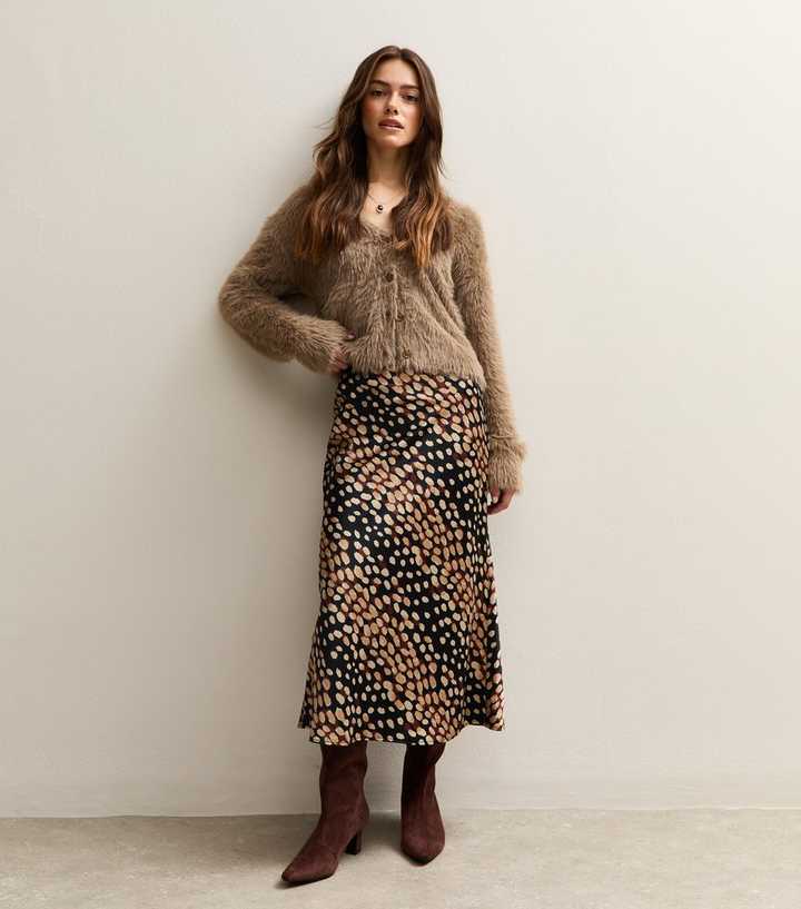 Petite Brown Spot Print Bias Cut Midi Skirt
