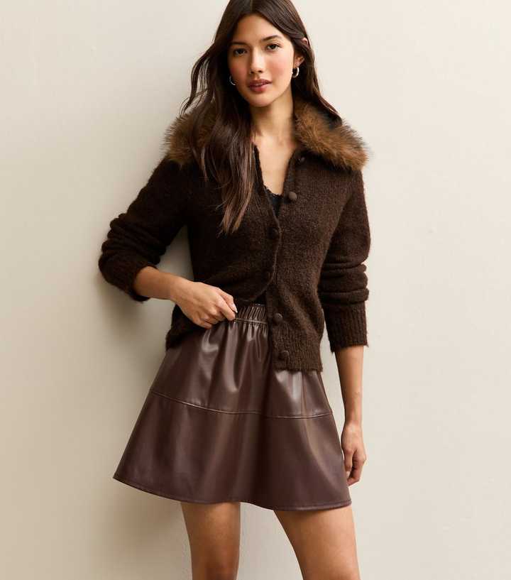 Dark Brown Faux Leather A-Line Mini Skirt