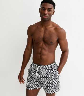 Black Regular Geometric Print Swim Shorts