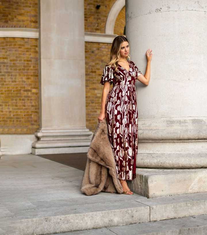 Gini London Dark Burgundy Floral Midi Dress