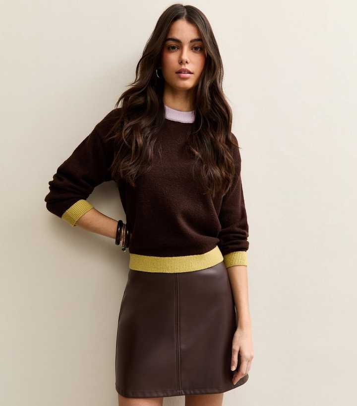 Dark Brown Faux Leather A-line Mini Skirt