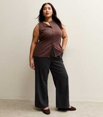 Curves Black Drawstring Waist Pull On Wide Leg Jeans
