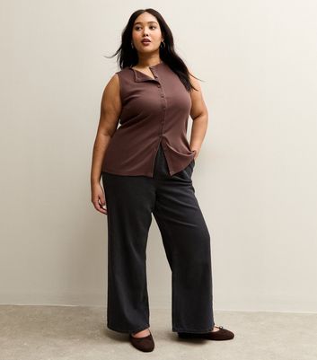 Curves Black Drawstring Waist Pull On Wide Leg Jeans | New Look