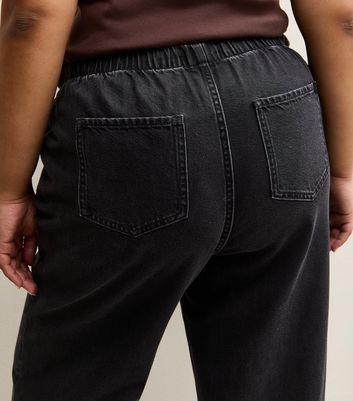 Curves Black Drawstring Waist Pull On Wide Leg Jeans | New Look