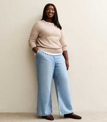 Curves Light Blue Drawstring Waist Pull On Wide Leg Jeans