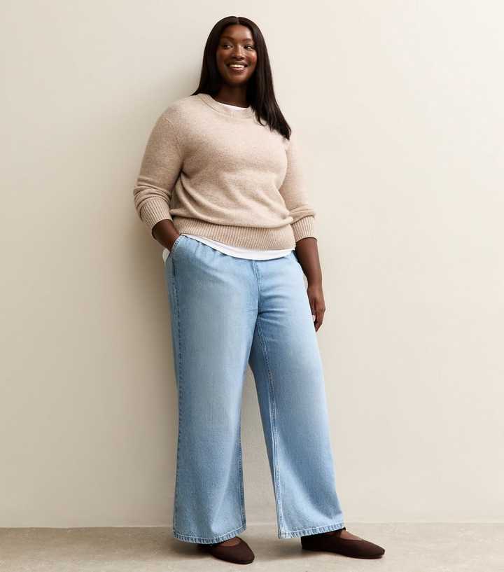 Curves Light Blue Drawstring Waist Pull On Wide Leg Jeans