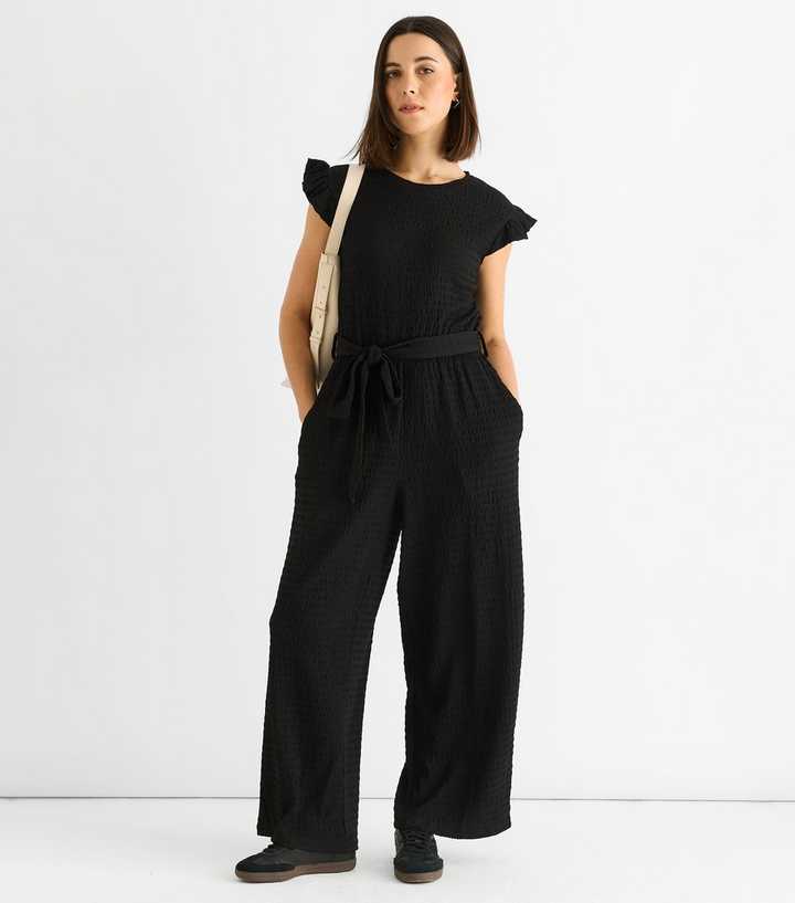 Gini London Black Stretch Texture Frill Jumpsuit
