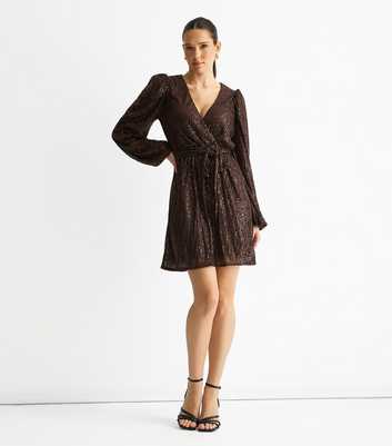 Gini London Mid Brown Sequin Wrap Mini Dress