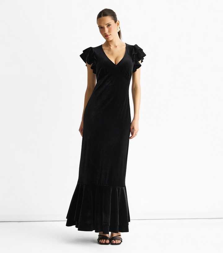fitted lace wedding dress V-Neck Flutter Sleeve Smocked High Waist Ruffle Maxi Dress with Pockets Black / L / 100%Cotton main image 1