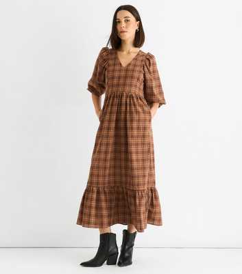 Gini London Brown Puff Sleeve Check Midi Dress