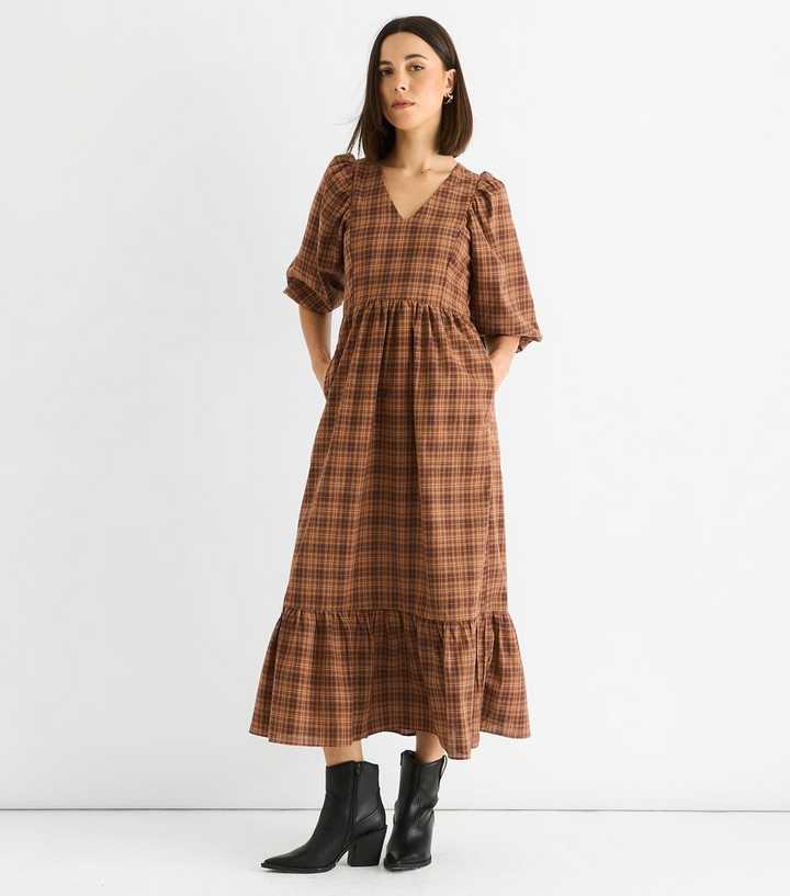 Gini London Brown Puff Sleeve Check Midi Dress