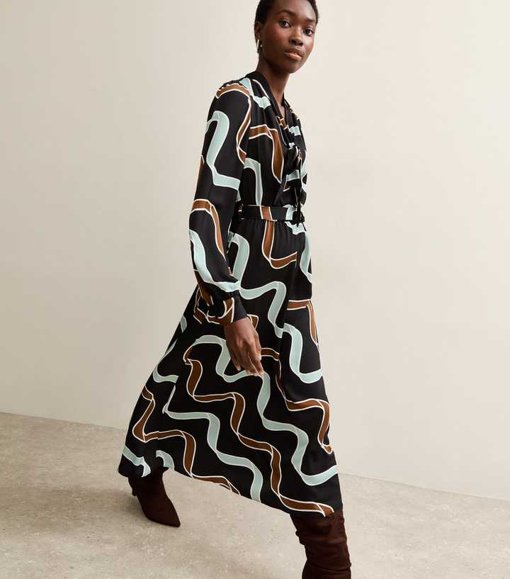 Tall Black Ribbon Print Long Sleeve Midi Dress