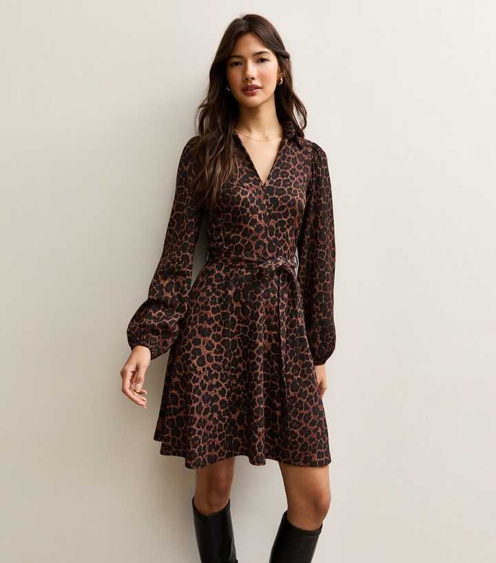 Brown Animal Print Long Sleeve Mini Dress