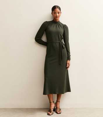 Dark Khaki Crinkled High Neck Midi Dress