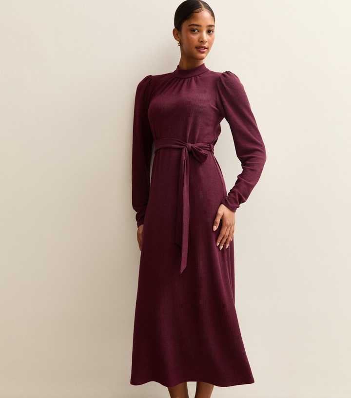 Dark Burgundy Crinkled High Neck Midi Dress