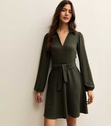 Dark Khaki Crinkled Long Sleeve Mini Dress