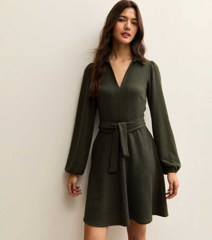 Dark Khaki Crinkled Long Sleeve Mini Dress