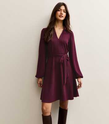 Dark Burgundy Crinkled Long Sleeve Mini Dress