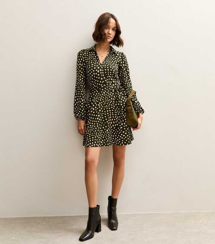 Green Spotty Crinkled Long Sleeve Mini Dress