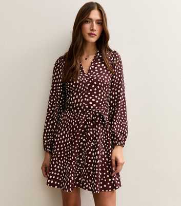 Dark Red Spotty Crinkled Long Sleeve Mini Dress