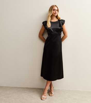 Black Satin Ruffled Sleeve Midi Dress
