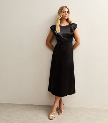 Black Satin Ruffled Sleeve Midi Dress New Look