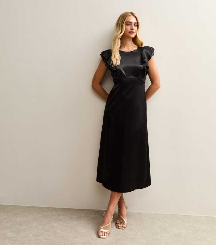 Black Satin Ruffled Sleeve Midi Dress