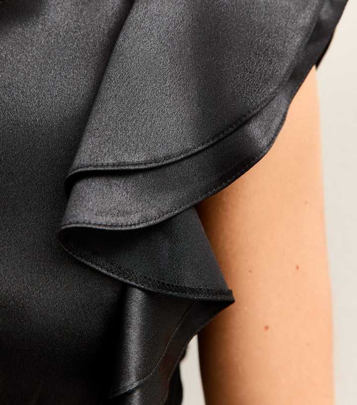 new look ruffle sleeve satin midi dress New Look Ruffle Sleeve Satin Midi Dress in Black