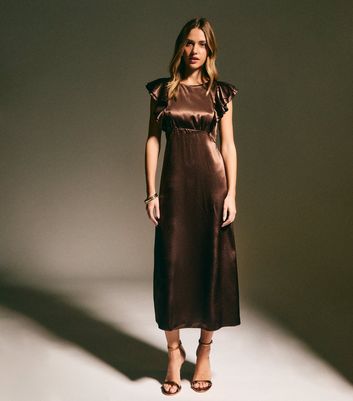 brown satin midi dress with sleeves Viclans Satin Midi Brown Dress with Puffy Sleeves main image 1