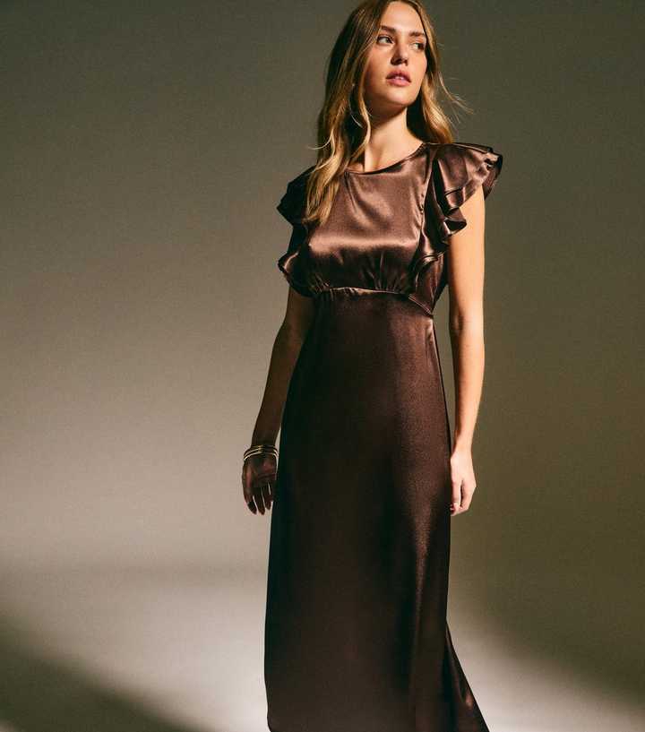 new look ruffle sleeve satin midi dress Dark Brown Satin Ruffled Sleeve Midi Dress