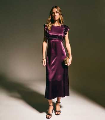 Dark Burgundy Satin Ruffled Sleeve Midi Dress