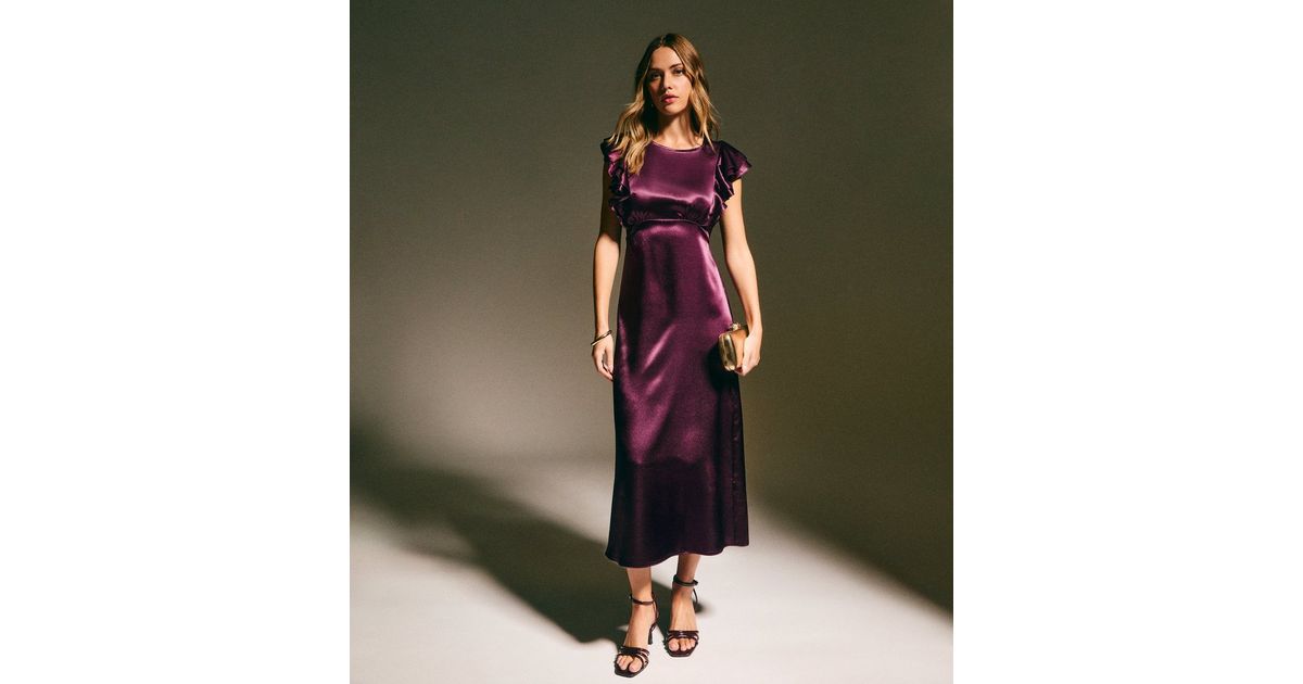 Dark Burgundy Satin Ruffled Sleeve Midi Dress New Look
